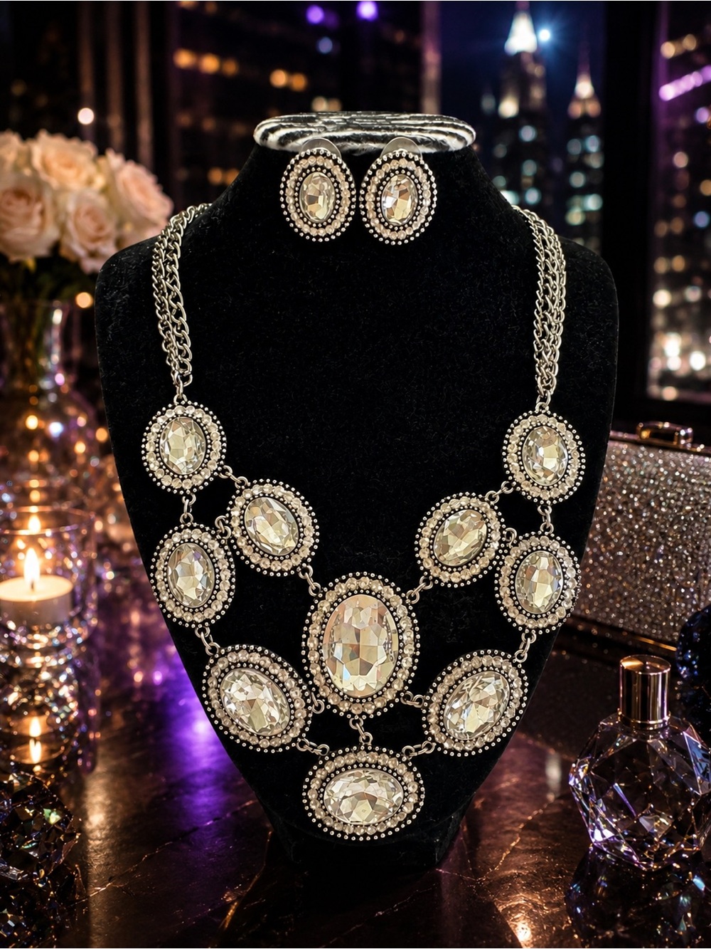 Crystal Statement Necklace and Earring Set - Silver Clear
